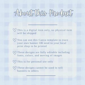 May include: A digital product description on a light blue gingham patterned background. The text reads "About this Product" and lists details about the digital item, including its Canva template usage and personal use restrictions.