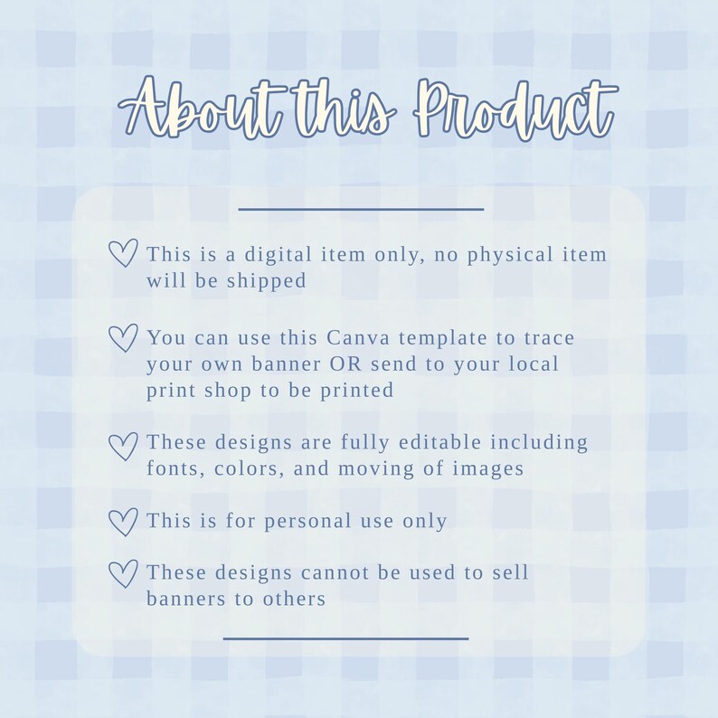 May include: A digital product description on a light blue gingham patterned background. The text reads "About this Product" and lists details about the digital item, including its Canva template usage and personal use restrictions.