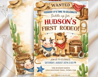 Eerste rodeo-verjaardagsuitnodiging | Bewerkbare sjabloon cowboy westerncanva