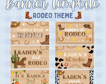 Sjabloon voor spandoek verjaardag rodeo thema | Bewerkbaar canvas | Eerste rodeo