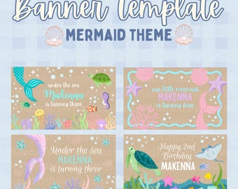 Sjabloon voor spandoek verjaardag zeemeermin | Under the Sea-feestdecor (canva, direct download)