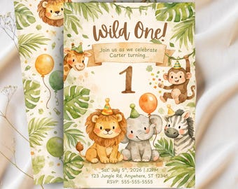 Wild One Safari eerste verjaardagsuitnodiging | Canva-sjabloon (digitale download)