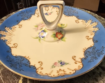 Vintage Japanese Porcelain Cake Plate with Handle | Blue & Gold Floral Tidbit Tray | Hand Painted Dessert Serving Plate