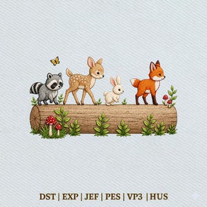 Peut inclure: Une broderie représentant un raton laveur, un cerf, un lapin et un renard marchant sur une bûche. Les animaux sont entourés de feuilles vertes, de champignons rouges et d'un papillon jaune. Le texte en bas indique : DST | EXP | JEF | PES | VP3 | HUS.