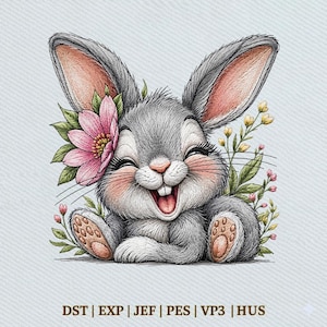Puede incluir: Ilustración de un conejo gris sonriente con una flor rosa y vegetación. El conejo tiene orejas largas, orejas internas rosas y una expresión feliz. La imagen incluye el texto "DST | EXP | JEF | PES | VP3 | HUS".