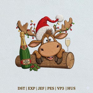 May include: An embroidered design of a brown reindeer wearing a red and white Santa hat, resting on a brown log. The reindeer is next to a green champagne bottle with a Merry Christmas label and a glass of champagne, decorated with colorful lights.