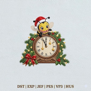 May include: An embroidery design featuring a cartoon bee wearing a red and white Santa hat and scarf, perched atop a round clock with Roman numerals. The clock is surrounded by green pine branches, red berries, yellow lights, and a red bow.