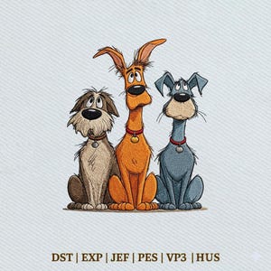 Könnte beinhalten: Ein Stickmuster mit drei Cartoon-Hunden, die nebeneinander sitzen. Der linke Hund ist hellbraun und zottelig, der mittlere Hund ist groß und orange, und der rechte Hund ist blau. Jeder trägt ein Halsband mit Anhänger. Text unten: DST | EXP | JEF | PES | VP3 | HUS