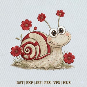May include: A whimsical embroidered snail with a cream-colored body and a red and cream striped shell. The snail is surrounded by red flowers and green leaves. The image includes the text: DST | EXP | JEF | PES | VP3 | HUS.