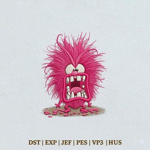 Könnte beinhalten: Ein Stickmuster, das ein leuchtend rosa, zotteliges, monsterartiges Wesen mit weit geöffnetem Mund, sichtbaren weißen Zähnen und einer rosa Zunge zeigt. Der Text DST, EXP, JEF, PES, VP3, HUS ist unten im Bild in Braun gedruckt.