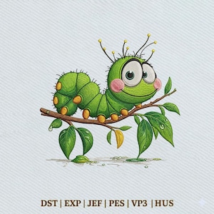 May include: An embroidery design featuring a bright green caterpillar with large eyes, pink cheeks, and orange spots, perched on a brown branch with green leaves. The text DST | EXP | JEF | PES | VP3 | HUS is printed at the bottom.