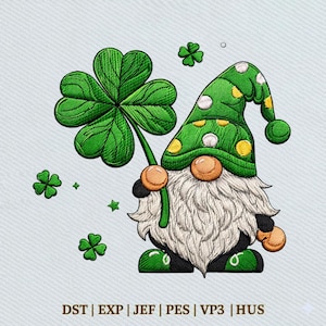 May include: A colourful illustration of a green gnome holding a large four-leaf clover. The gnome has a green hat with white and yellow polka dots, a white beard, and orange nose and hands. Additional green clovers and stars are scattered around the gnome.