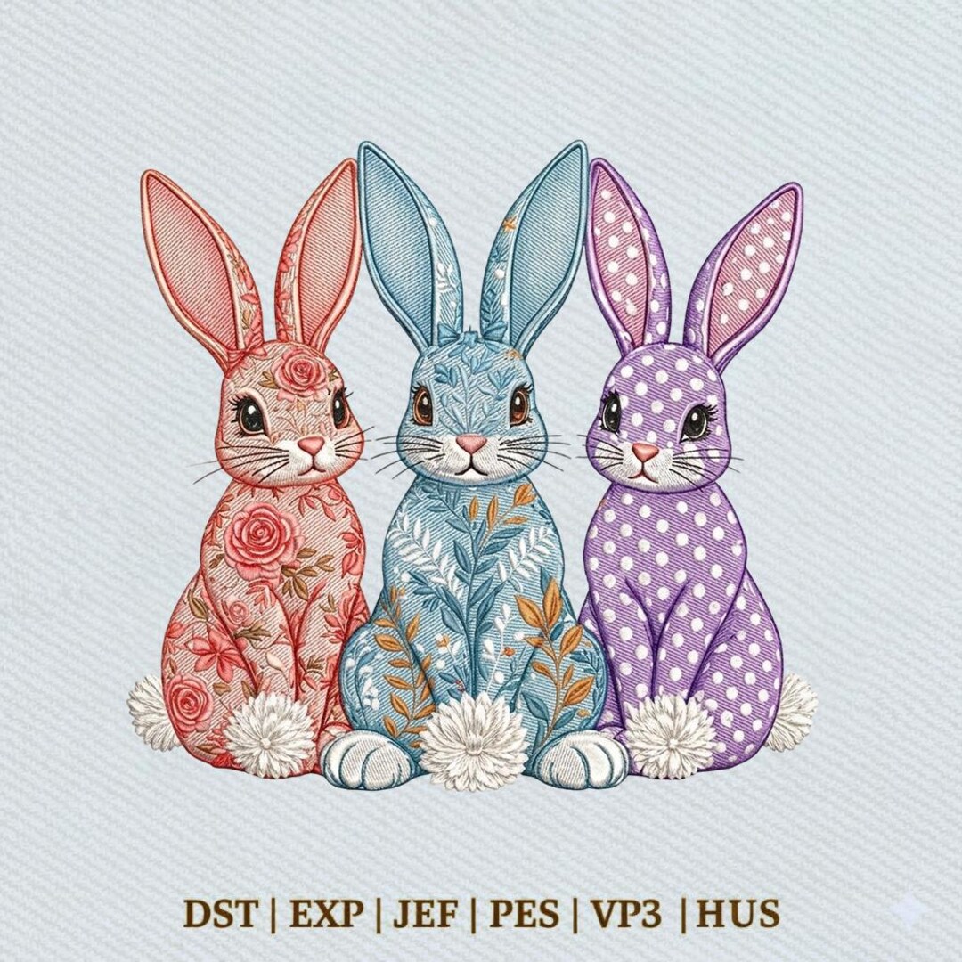 Floral Bunny Trio Pattern Rabbits Spring Easter, Cute Rabbit Embroidery ...