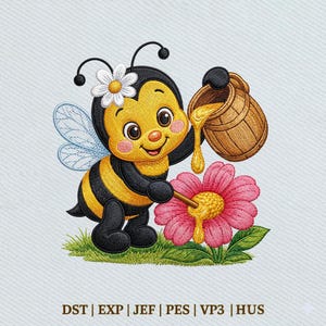 May include: A cartoon bee with a yellow body and black stripes, wearing a flower crown, pours honey from a wooden barrel onto a pink flower. The bee is smiling, and the image has a whimsical, cheerful feel. The image includes the text: DST | EXP | JEF | PES | VP3 | HUS.