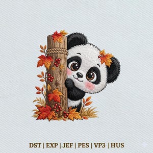 May include: An embroidered design of a panda peeking from behind a textured brown wooden post wrapped in rope. The scene features vibrant orange and red autumn maple leaves and small red berries. Text at the bottom reads DST | EXP | JEF | PES | VP3 | HUS.