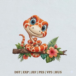 May include: An embroidered design of a bright orange and cream spotted snake with large blue eyes coiled around a brown tree branch, accented by green tropical leaves and a pink hibiscus flower. Text at the bottom reads DST, EXP, JEF, PES, VP3, HUS.