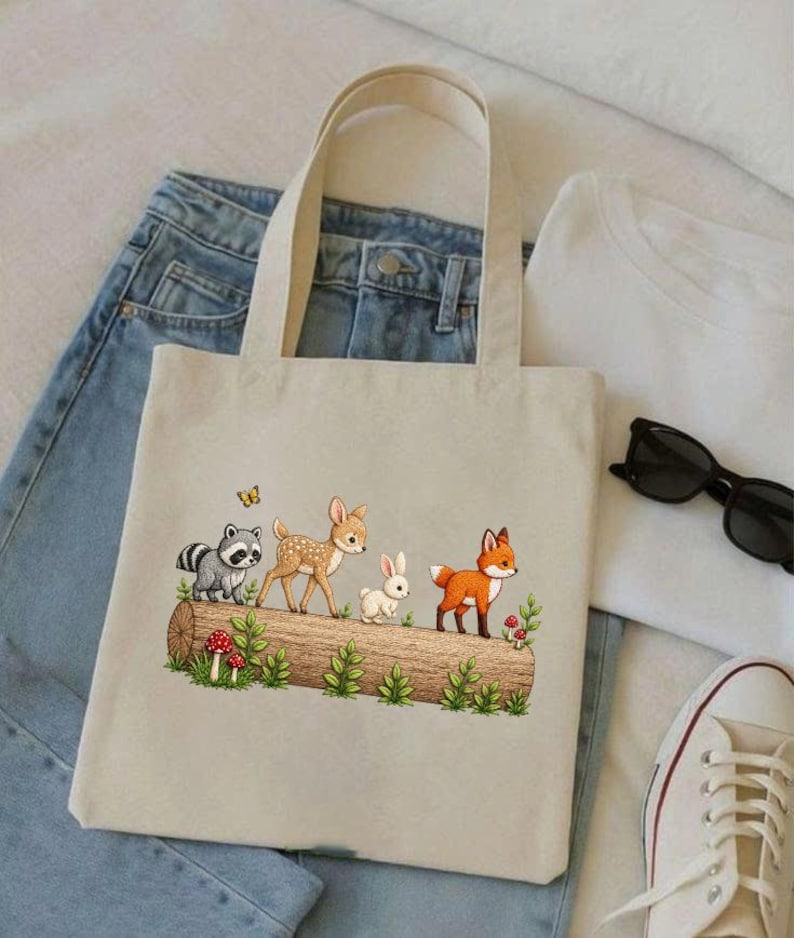 May include: Beige tote bag featuring a woodland scene with a raccoon, fawn, rabbit, and fox on a log. The design includes green foliage, mushrooms, and a butterfly. The bag has two handles and is placed on a pair of blue jeans and a white t-shirt.