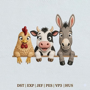 Trio d'animaux de la ferme poulet vache âne joli motif de broderie de basse-cour, téléchargement immédiat Dst Pe
