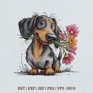 Könnte beinhalten: Illustration eines Dackel-Hundes, der einen Strauß rosa und gelber Blumen im Maul hält. Der Hund hat ein schwarz-braun-graues Fell und große, ausdrucksstarke Augen. Der Text "DST | EXP | JEF | PES | VP3 | HUS" befindet sich unten im Bild.