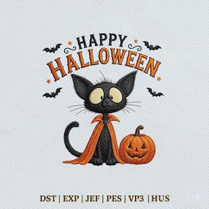 May include: An embroidery design featuring a black cat with large yellow eyes wearing an orange cape, standing next to an orange jack-o'-lantern. The text reads HAPPY HALLOWEEN, surrounded by small black bats on a light blue textured background.