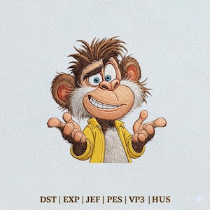 Puede incluir: Un diseño bordado de un mono de dibujos animados con pelaje marrón, ojos azules y una amplia sonrisa, que viste una camisa amarilla con cuello y tiene las manos extendidas. Debajo del mono, el texto dice: DST | EXP | JEF | PES | VP3 | HUS.