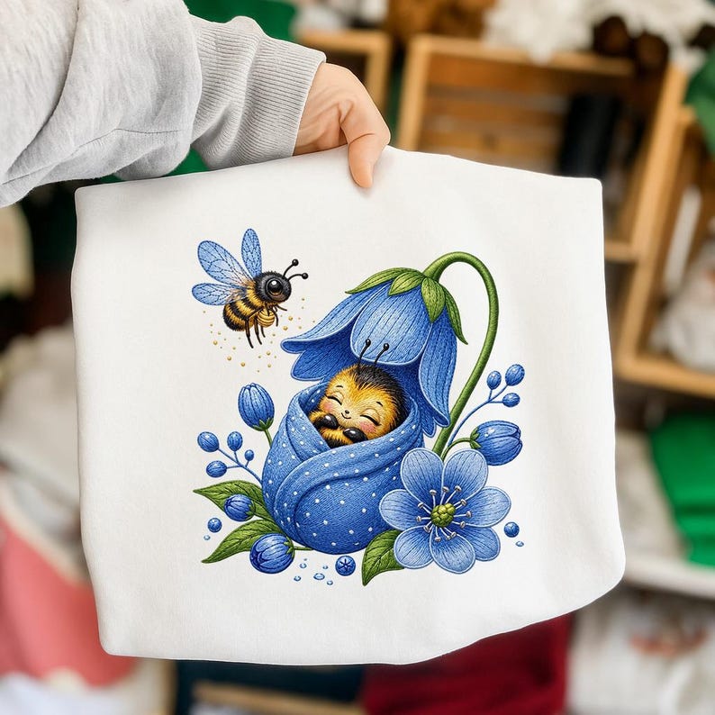 Blue Flower Bee Pattern, Cute Honey Bee Embroidery Design, Instant ...