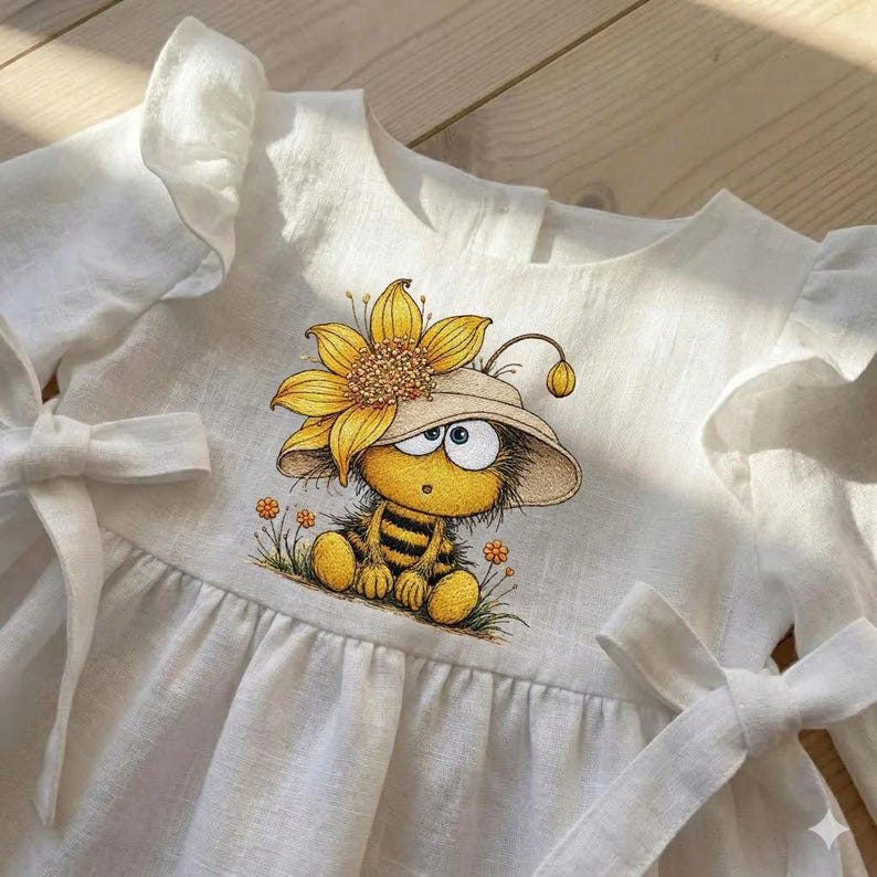 May include: White linen dress with a whimsical illustration of a cartoon bee wearing a hat and a sunflower. The dress features ruffled sleeves and tie details, perfect for a child's wardrobe.