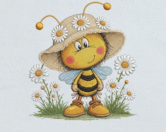 Cute Bee Daisy Cartoon, Spring Flower Bee, Kids  Embroidery Design, Instant Download Dst Pe