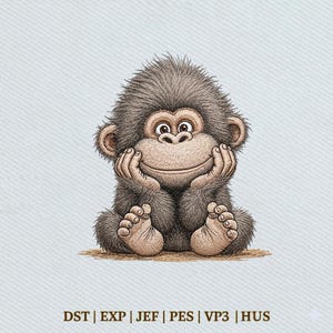 May include: A digital illustration of a fluffy brown monkey sitting with its hands resting under its chin, featuring large eyes and a light-coloured face. The text DST | EXP | JEF | PES | VP3 | HUS is printed in brown at the bottom of the image.