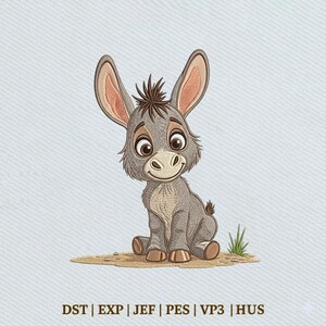 May include: An embroidery design of a cartoon donkey with large ears and brown fur, sitting on a patch of dirt with a small green plant. The text below reads DST | EXP | JEF | PES | VP3 | HUS, indicating various digital file formats.