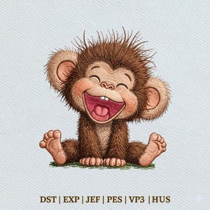 Puede incluir: Ilustración de dibujos animados de un mono sonriente con pelaje marrón, orejas grandes y boca muy abierta. El mono está sentado con las piernas estiradas y las manos en el suelo. Incluye el texto "DST | EXP | JEF | PES | VP3 | HUS".