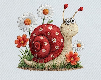 Kawaii Snail with Daisies, Cute Floral Snail Embroidery Design, Instant Download Dst Pe