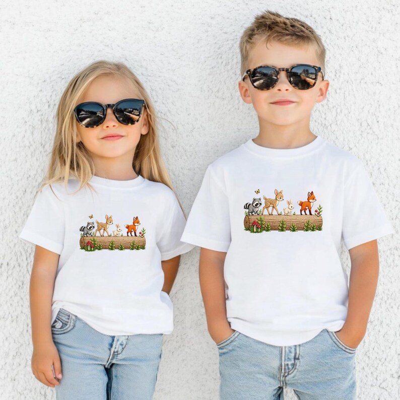 May include: Two children wearing white t-shirts with a woodland animal design. The shirts feature a raccoon, deer, rabbit, and fox on a log with mushrooms and grass. Both children are wearing sunglasses and blue jeans.