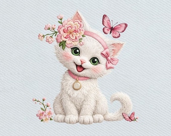 Cute Kitten Floral with Headband, Kawaii Animal Embroidery Design, Instant Download Dst Pe