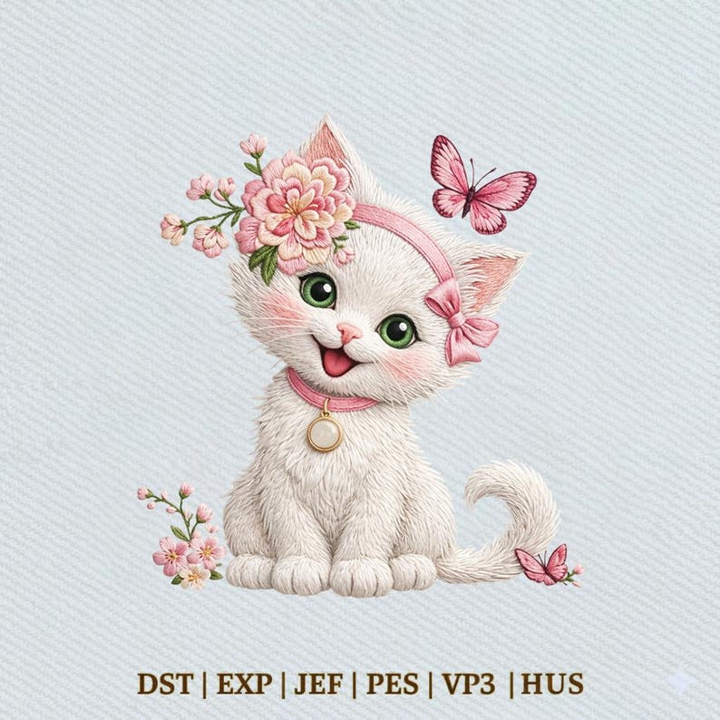 Cute Kitten Floral with Headband, Kawaii Animal Embroidery Design, Instant Download Dst Pe image 1