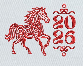 May include: Red embroidered design featuring a stylized horse and the numbers 2026. The horse is depicted with flowing lines, and the numbers are within a decorative frame. The design is on a white background, suitable for embroidery projects.