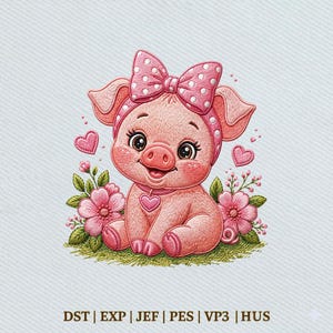 Söt rosa griskulting baby kawaii bondgårdsdjur broderidesign, direkt nedladdning Dst Pe