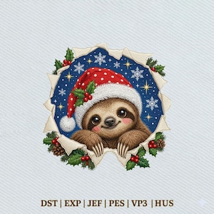 Lindo perezoso navideño con gorro de Papá Noel, diseño de bordado de animales navideños, descarga instantánea Dst Pe