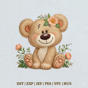 May include: A smiling teddy bear illustration with a floral crown and sprigs of flowers. The bear is light brown with a dark brown nose and rosy cheeks. The image includes the text: DST | EXP | JEF | PES | VP3 | HUS.