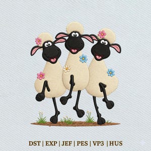 Three Dancing Sheep, Cute Farm Animals Funny Lamb Trio Embroidery Design, Instant Download Dst Pe
