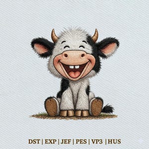 Pode incluir: Uma ilustração de desenho animado de uma vaca sorridente com pelo preto e branco, chifres pequenos e dois dentes da frente proeminentes. A vaca está sentada e o texto abaixo diz: DST | EXP | JEF | PES | VP3 | HUS. Design com textura.