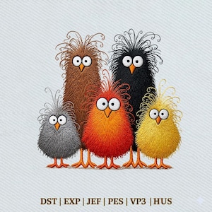 Op de afbeelding: Een geborduurd ontwerp met vijf grillige vogels met grote ogen en stekelig verenkleed. De vogels zijn in tinten bruin, zwart, oranje, geel en grijs, met oranje snavels en poten. De tekst "DST | EXP | JEF | PES | VP3 | HUS" is inbegrepen.
