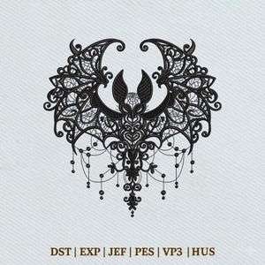 May include: A black machine embroidery design featuring a symmetrical bat with intricate lace-like wings, pointed ears, and dangling beaded accents. The text DST | EXP | JEF | PES | VP3 | HUS is printed in black at the bottom of the image.