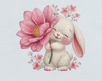 Cute Bunny Holding Flower, Floral Rabbit Spring Design, Baby Animal Embroidery Design, Instant Download Dst Pe