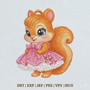 Puede incluir: Una encantadora ardilla de dibujos animados con pelaje naranja, vestida con un vestido rosa de lunares con un gran lazo y ribete de encaje blanco. La ardilla tiene grandes ojos azules y una cola esponjosa. Incluye el texto "DST | EXP | JEF | PES | VP3 | HUS".