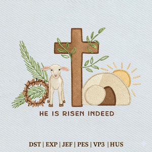 May include: An embroidered design featuring a brown cross adorned with green leaves, a lamb, a crown of thorns, and an empty tomb with a rising sun. The text "HE IS RISEN INDEED" is below the image. The design is on a light blue background.