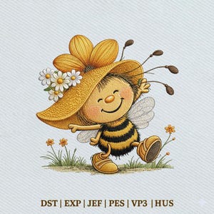 Könnte beinhalten: Eine fröhliche Cartoon-Biene mit einem gelben Hut, der mit einer großen Blume und Gänseblümchen verziert ist. Die Biene hat schwarz-gelbe Streifen und lächelt. Der Text lautet: DST | EXP | JEF | PES | VP3 | HUS.