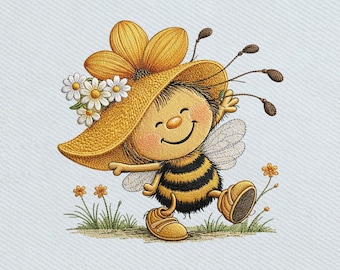 Cute Bee Girl Daisy Hat, Spring Summer Embroidery Design, Instant Download Dst Pe