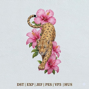 May include: A detailed illustration of a leopard with a spotted coat, walking among vibrant pink hibiscus flowers and green leaves. The image includes text at the bottom: DST | EXP | JEF | PES | VP3 | HUS.