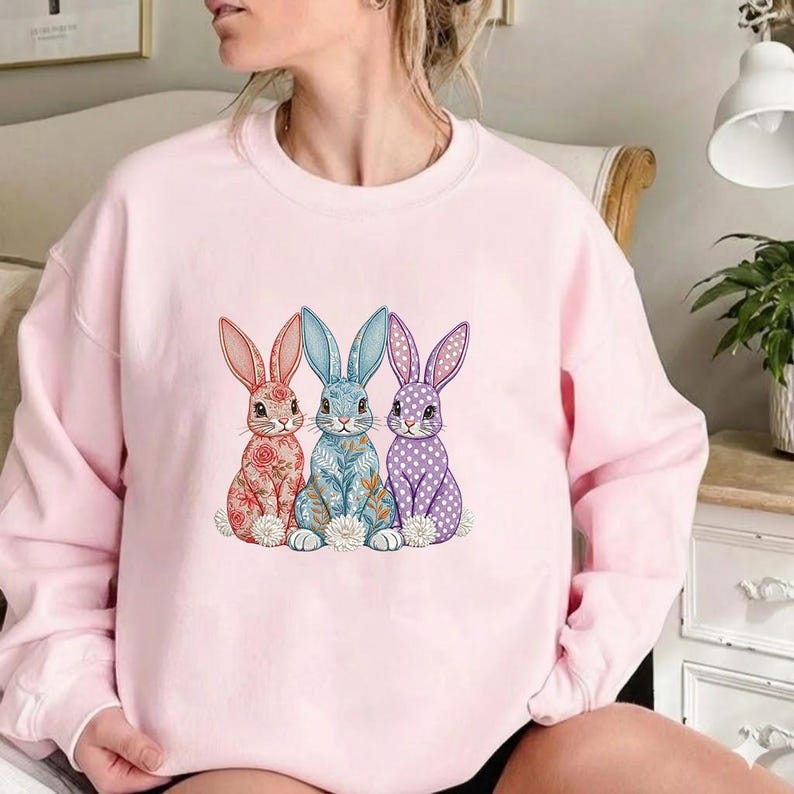 Floral Bunny Trio Pattern Rabbits Spring Easter, Cute Rabbit Embroidery ...